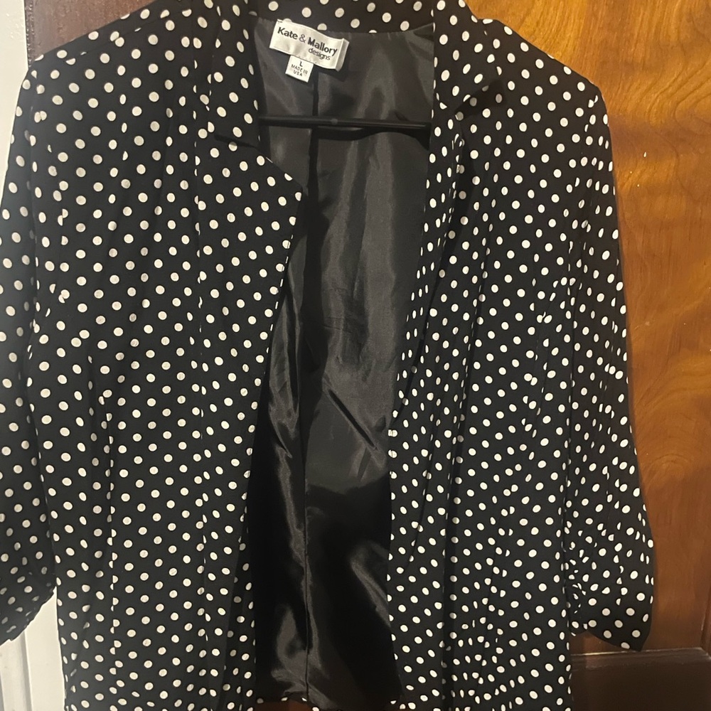 Kate & Mallory Black Polka Dot Women's Jacket 3/4 sleave pleated back